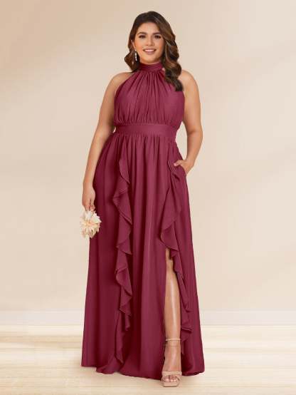 Chiffon A Line Princess Halter Plus Size Bridesmaid Dresses with Split Side Ruffles