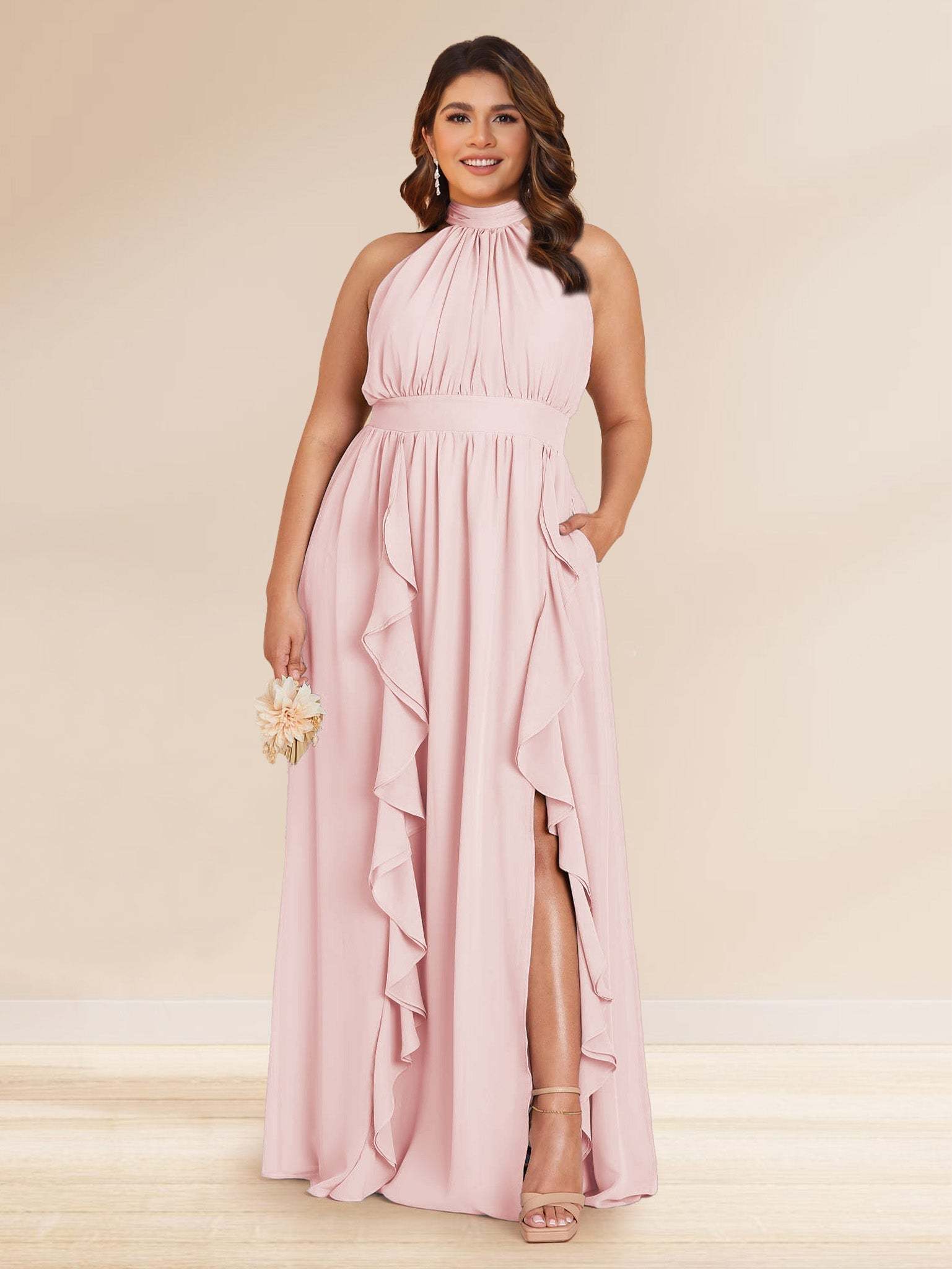 Chiffon A Line Princess Halter Plus Size Bridesmaid Dresses with Split Side Ruffles