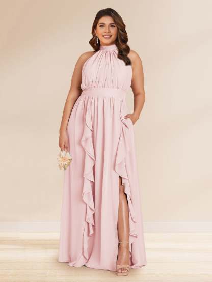 Chiffon A Line Princess Halter Plus Size Bridesmaid Dresses with Split Side Ruffles
