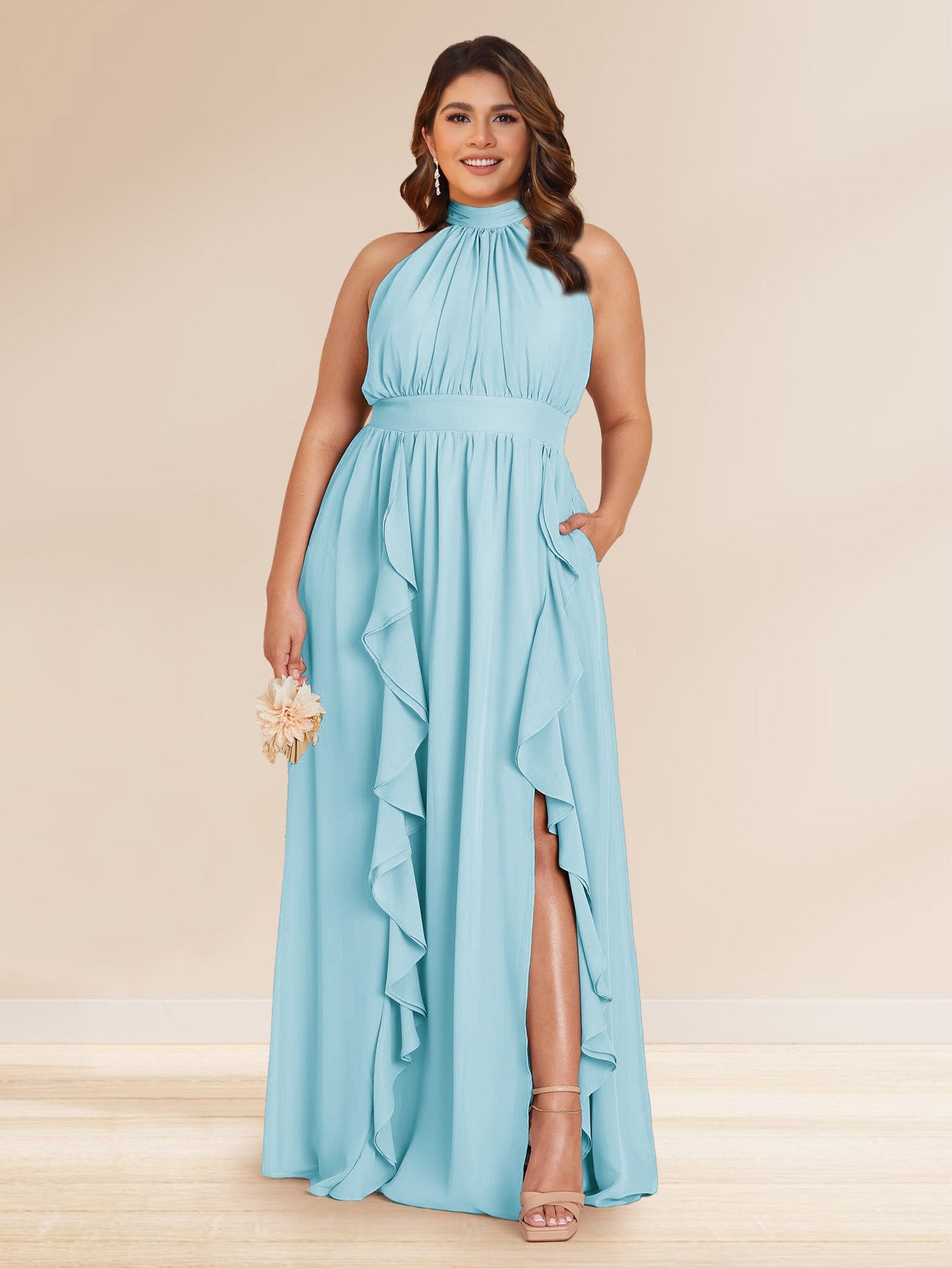 Chiffon A Line Princess Halter Plus Size Bridesmaid Dresses with Split Side Ruffles