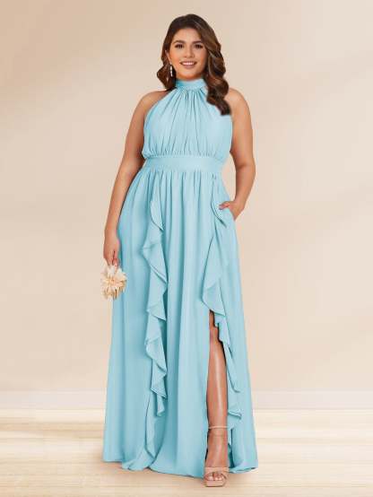 Chiffon A Line Princess Halter Plus Size Bridesmaid Dresses with Split Side Ruffles