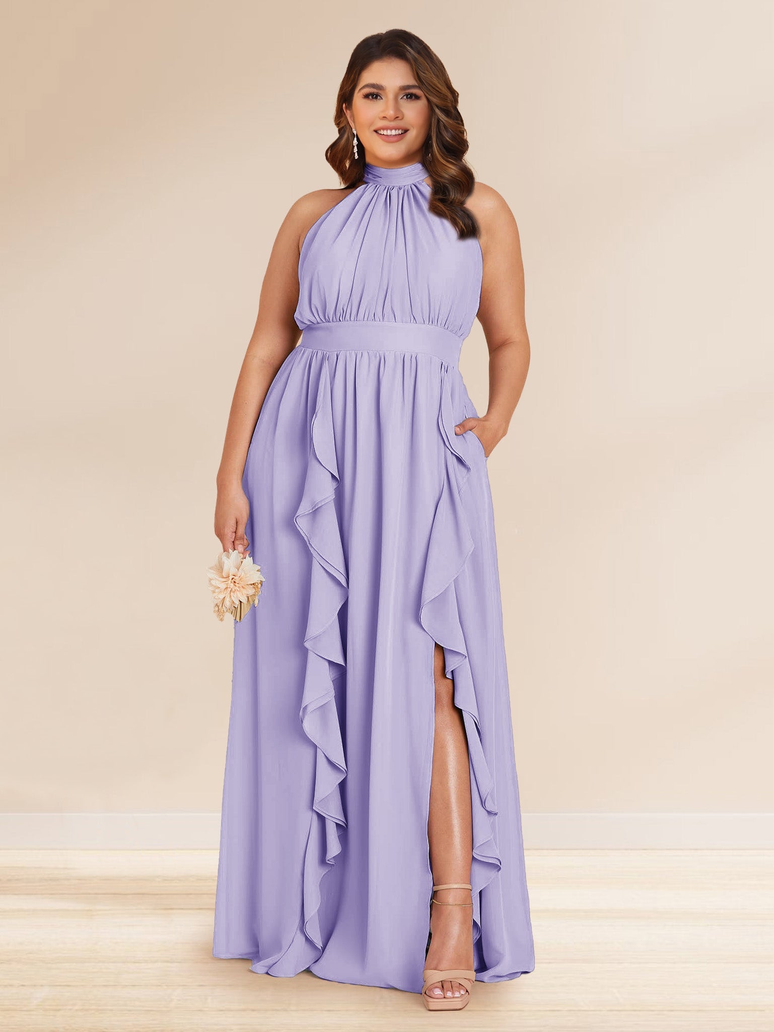Chiffon A Line Princess Halter Plus Size Bridesmaid Dresses with Split Side Ruffles