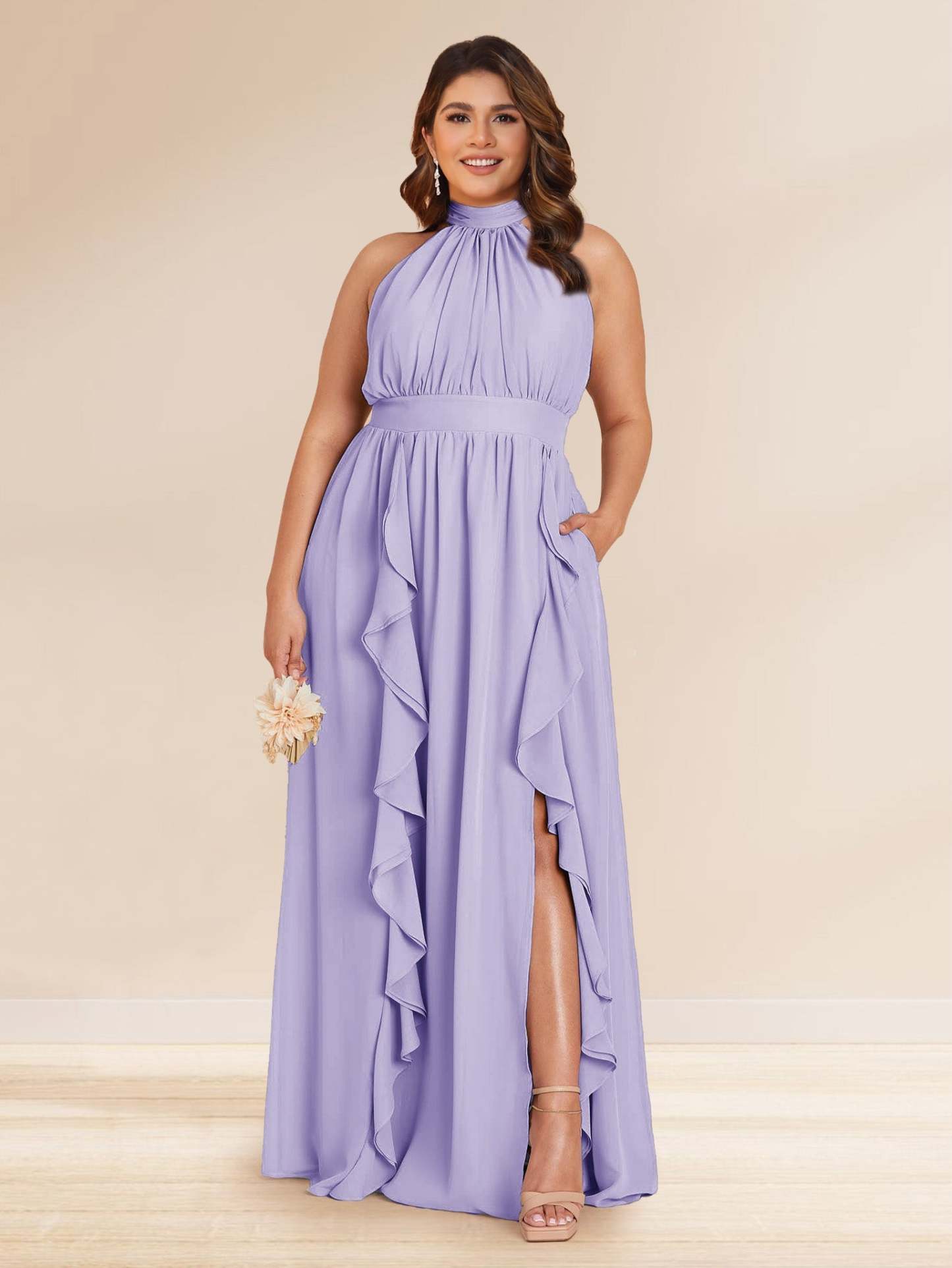 Chiffon A Line Princess Halter Plus Size Bridesmaid Dresses with Split Side Ruffles