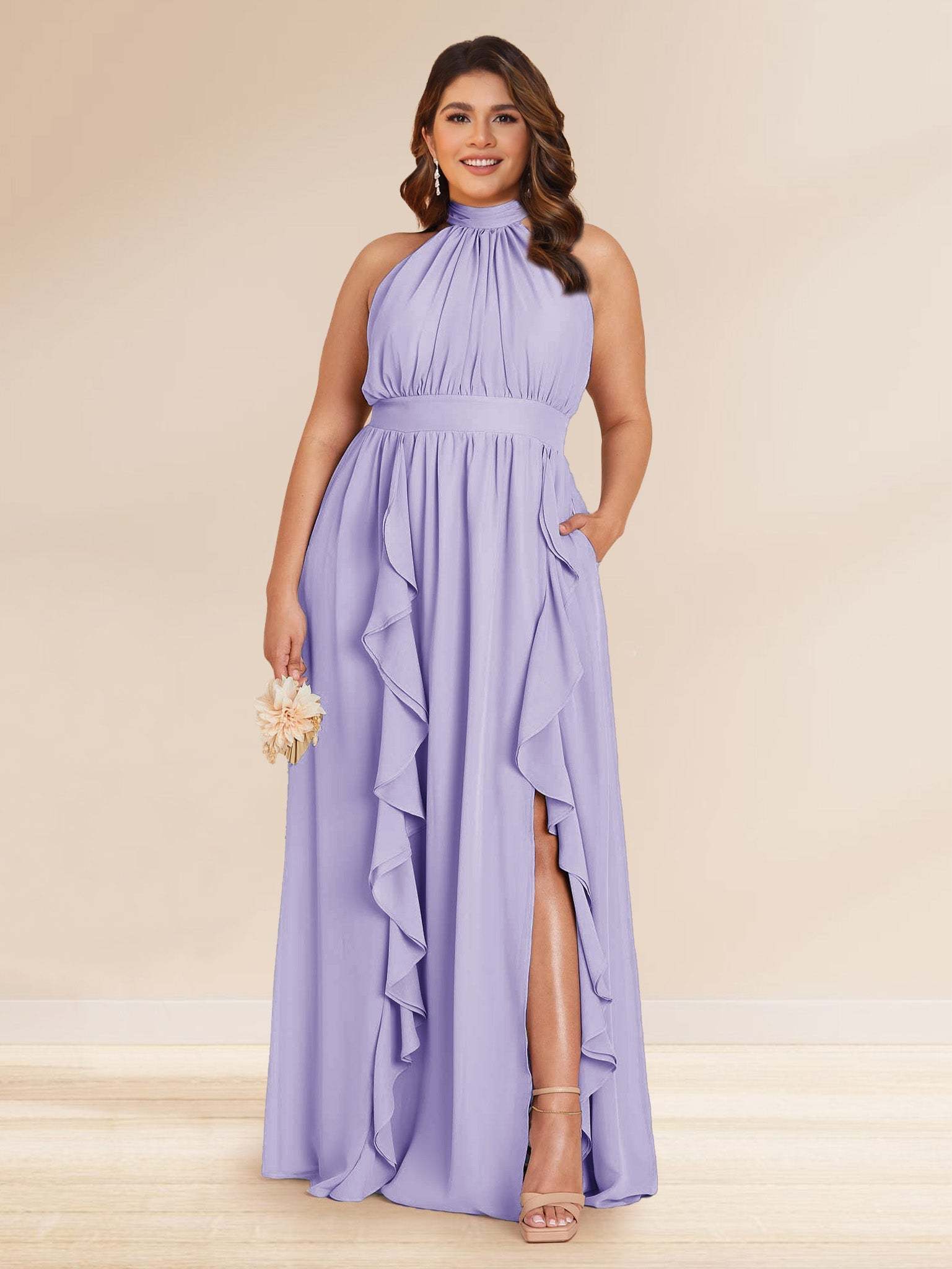 Chiffon A Line Princess Halter Plus Size Bridesmaid Dresses with Split Side Ruffles