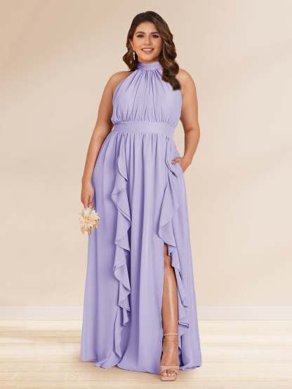 Chiffon A Line Princess Halter Plus Size Bridesmaid Dresses with Split Side Ruffles