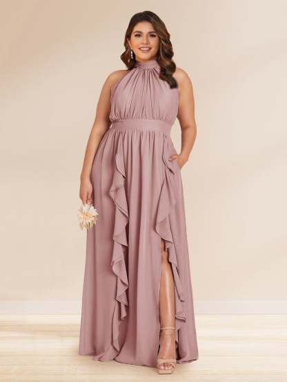 Chiffon A Line Princess Halter Plus Size Bridesmaid Dresses with Split Side Ruffles