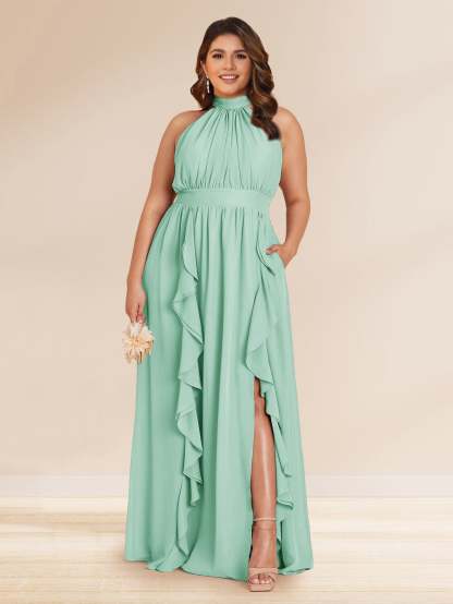 Chiffon A Line Princess Halter Plus Size Bridesmaid Dresses with Split Side Ruffles
