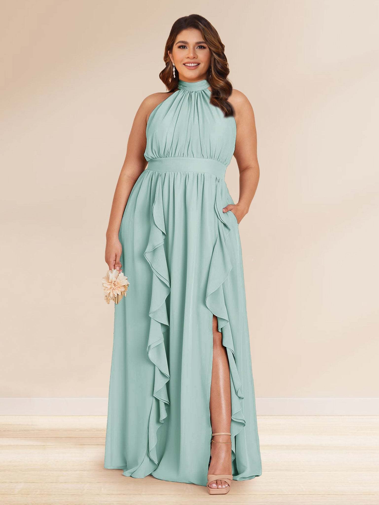 Chiffon A Line Princess Halter Plus Size Bridesmaid Dresses with Split Side Ruffles