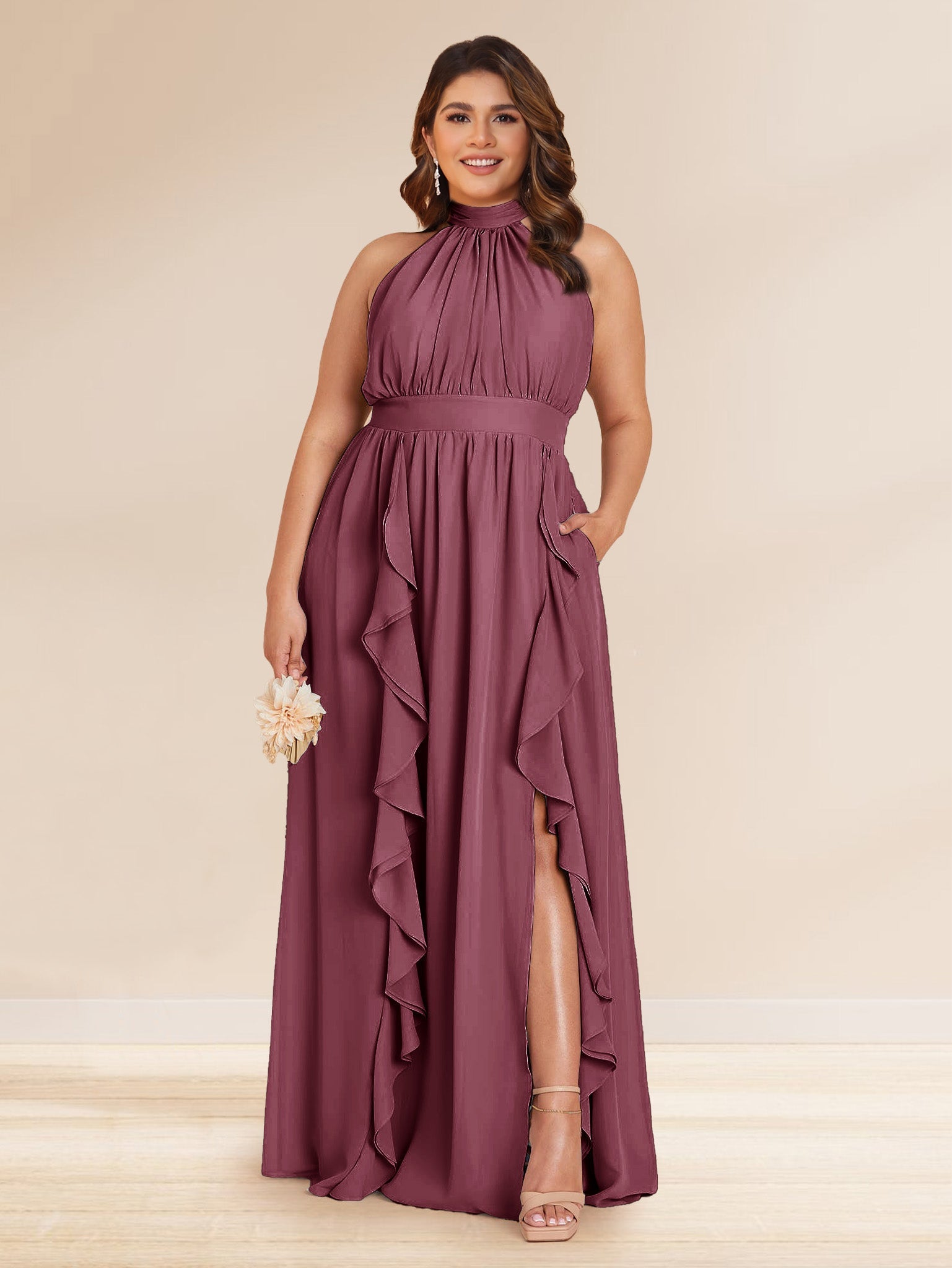 Chiffon A Line Princess Halter Plus Size Bridesmaid Dresses with Split Side Ruffles