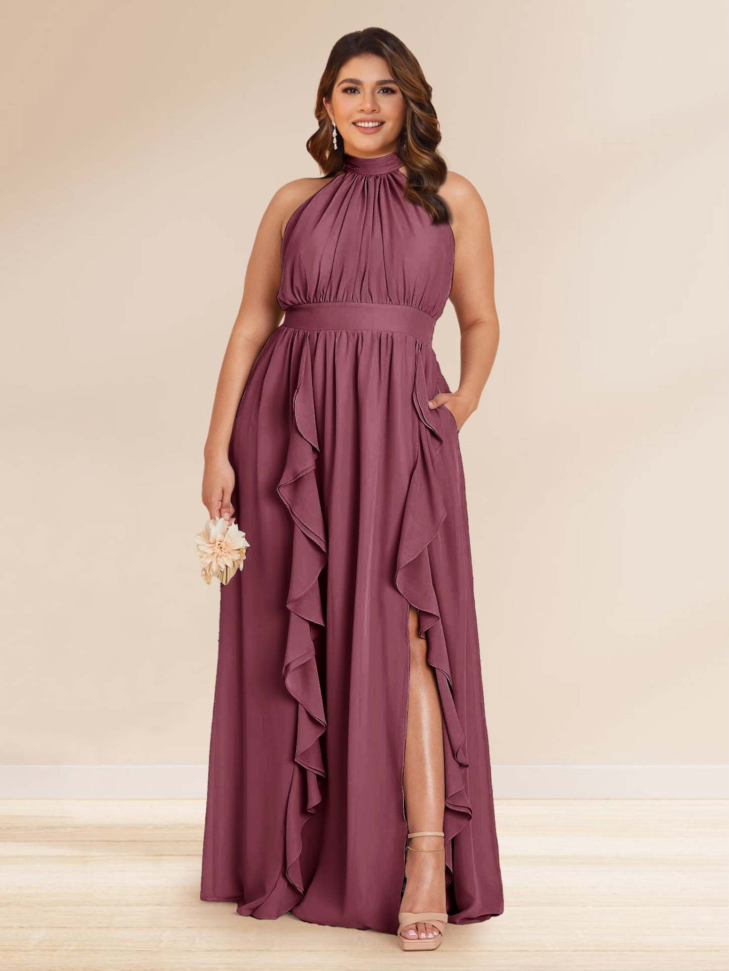 Chiffon A Line Princess Halter Plus Size Bridesmaid Dresses with Split Side Ruffles