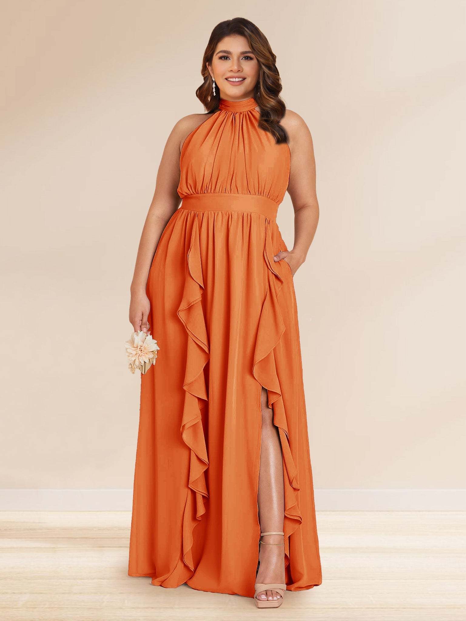 Chiffon A Line Princess Halter Plus Size Bridesmaid Dresses with Split Side Ruffles