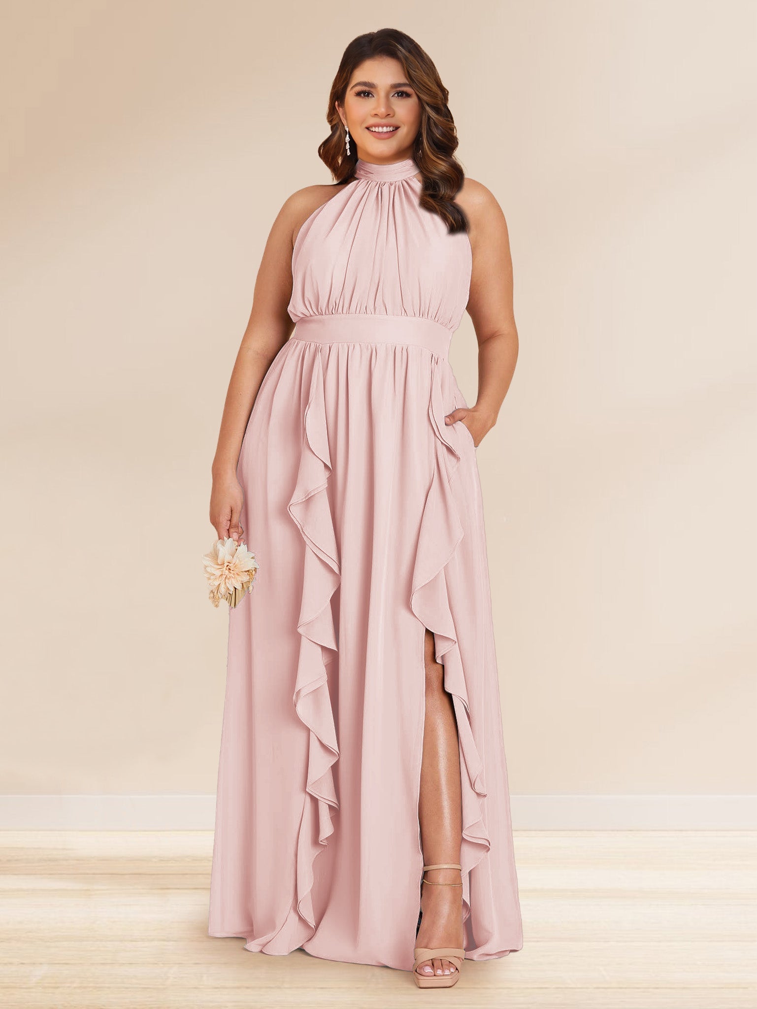 Chiffon A Line Princess Halter Plus Size Bridesmaid Dresses with Split Side Ruffles