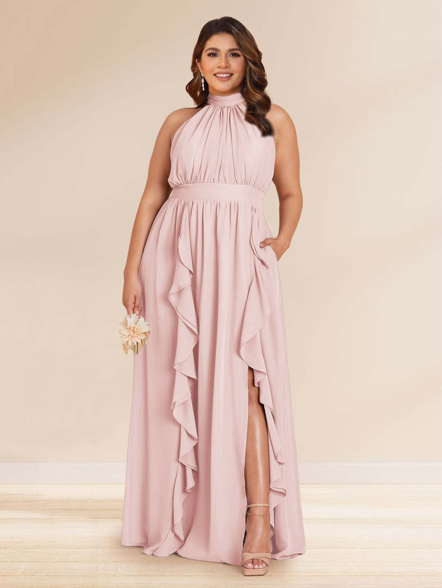 Chiffon A Line Princess Halter Plus Size Bridesmaid Dresses with Split Side Ruffles