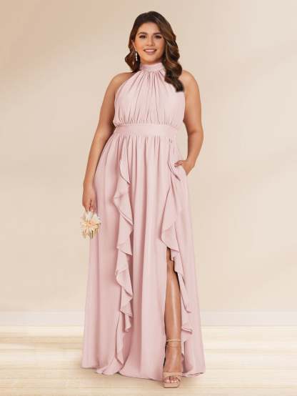 Chiffon A Line Princess Halter Plus Size Bridesmaid Dresses with Split Side Ruffles
