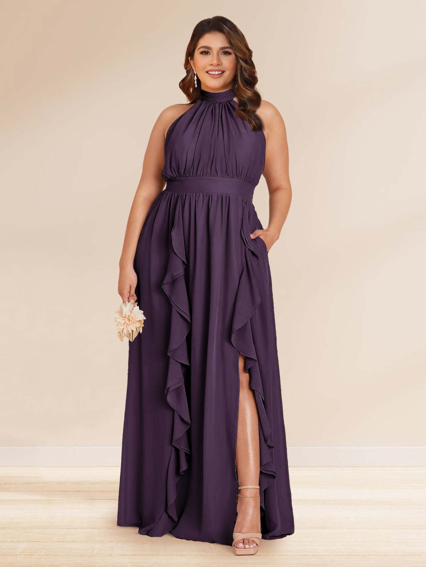 Chiffon A Line Princess Halter Plus Size Bridesmaid Dresses with Split Side Ruffles