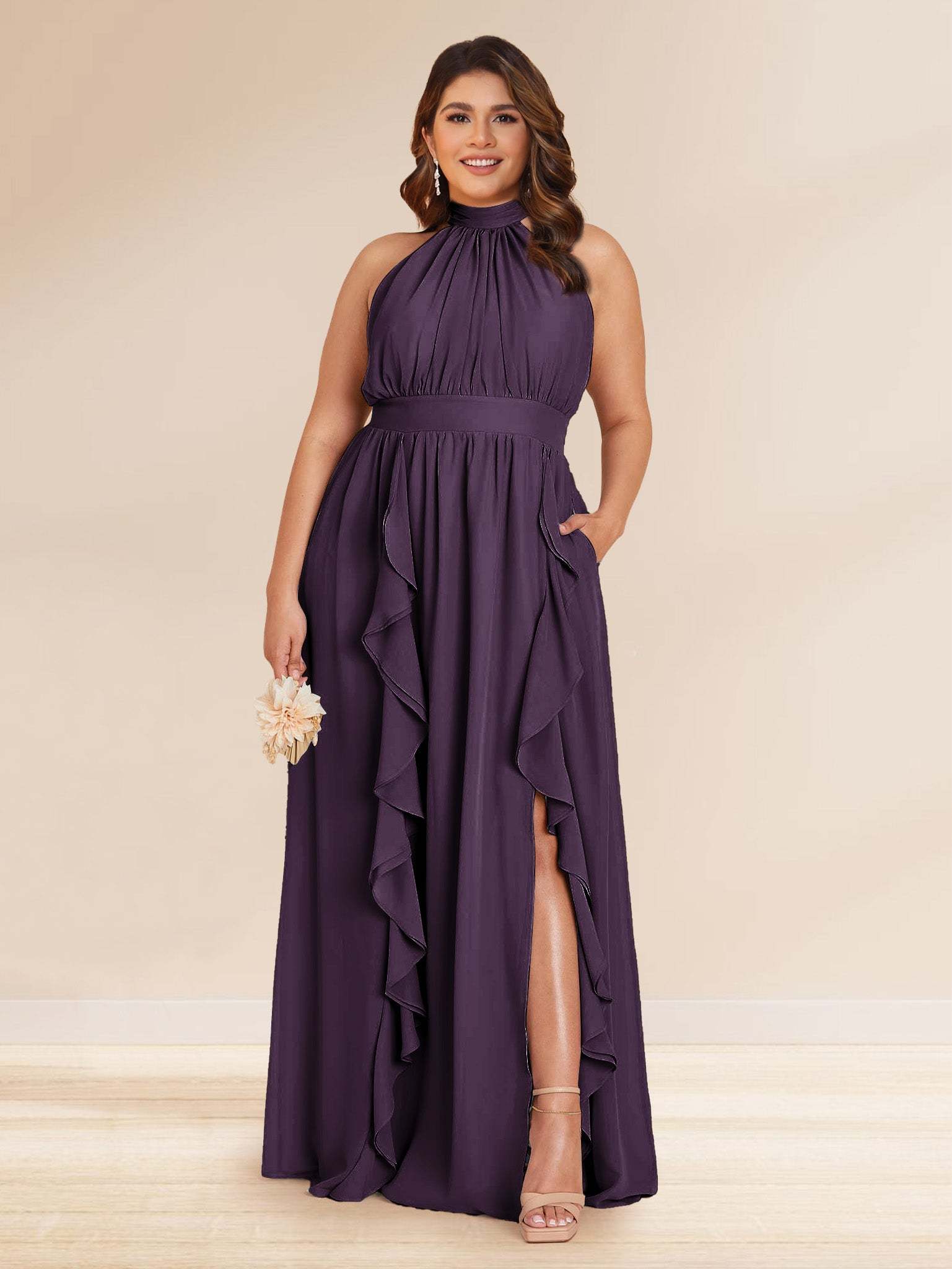 Chiffon A Line Princess Halter Plus Size Bridesmaid Dresses with Split Side Ruffles