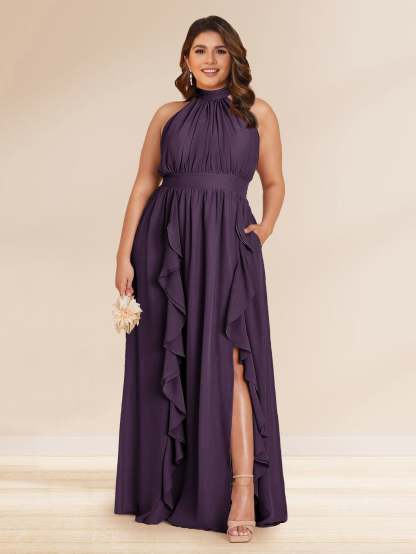 Chiffon A Line Princess Halter Plus Size Bridesmaid Dresses with Split Side Ruffles