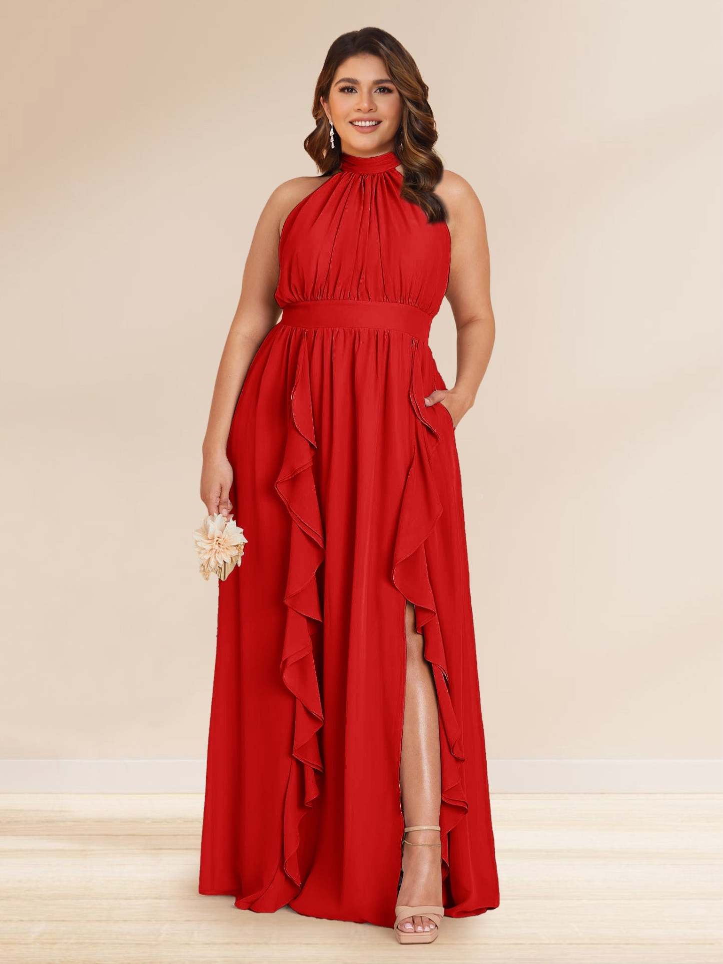 Chiffon A Line Princess Halter Plus Size Bridesmaid Dresses with Split Side Ruffles