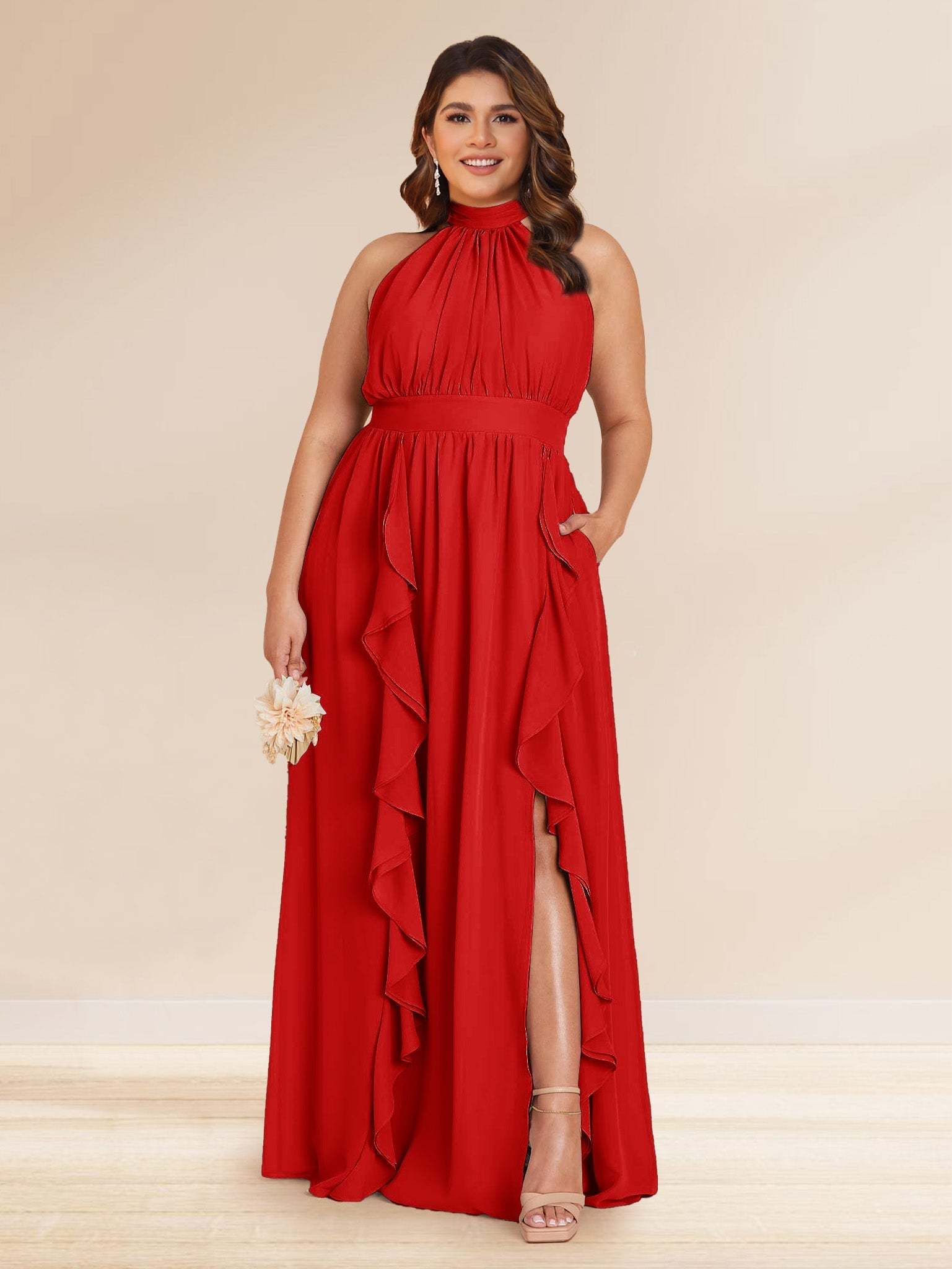 Chiffon A Line Princess Halter Plus Size Bridesmaid Dresses with Split Side Ruffles