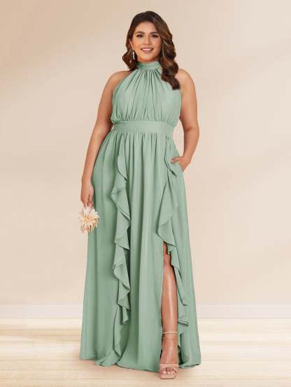 Chiffon A Line Princess Halter Plus Size Bridesmaid Dresses with Split Side Ruffles