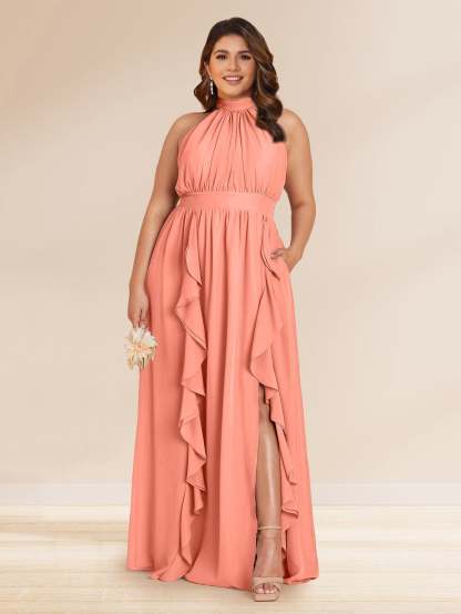 Chiffon A Line Princess Halter Plus Size Bridesmaid Dresses with Split Side Ruffles
