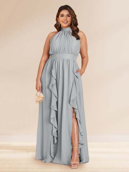 Chiffon A Line Princess Halter Plus Size Bridesmaid Dresses with Split Side Ruffles