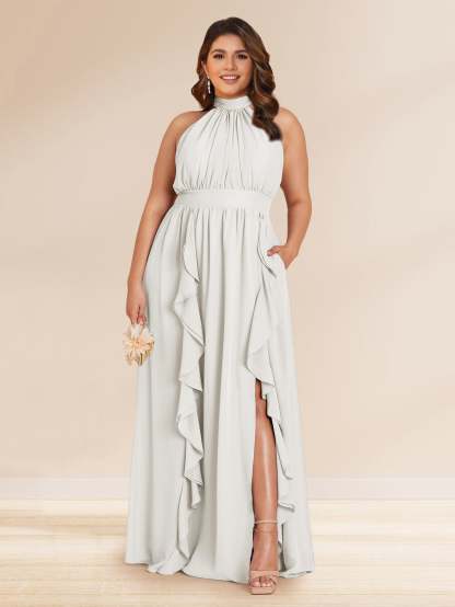 Chiffon A Line Princess Halter Plus Size Bridesmaid Dresses with Split Side Ruffles