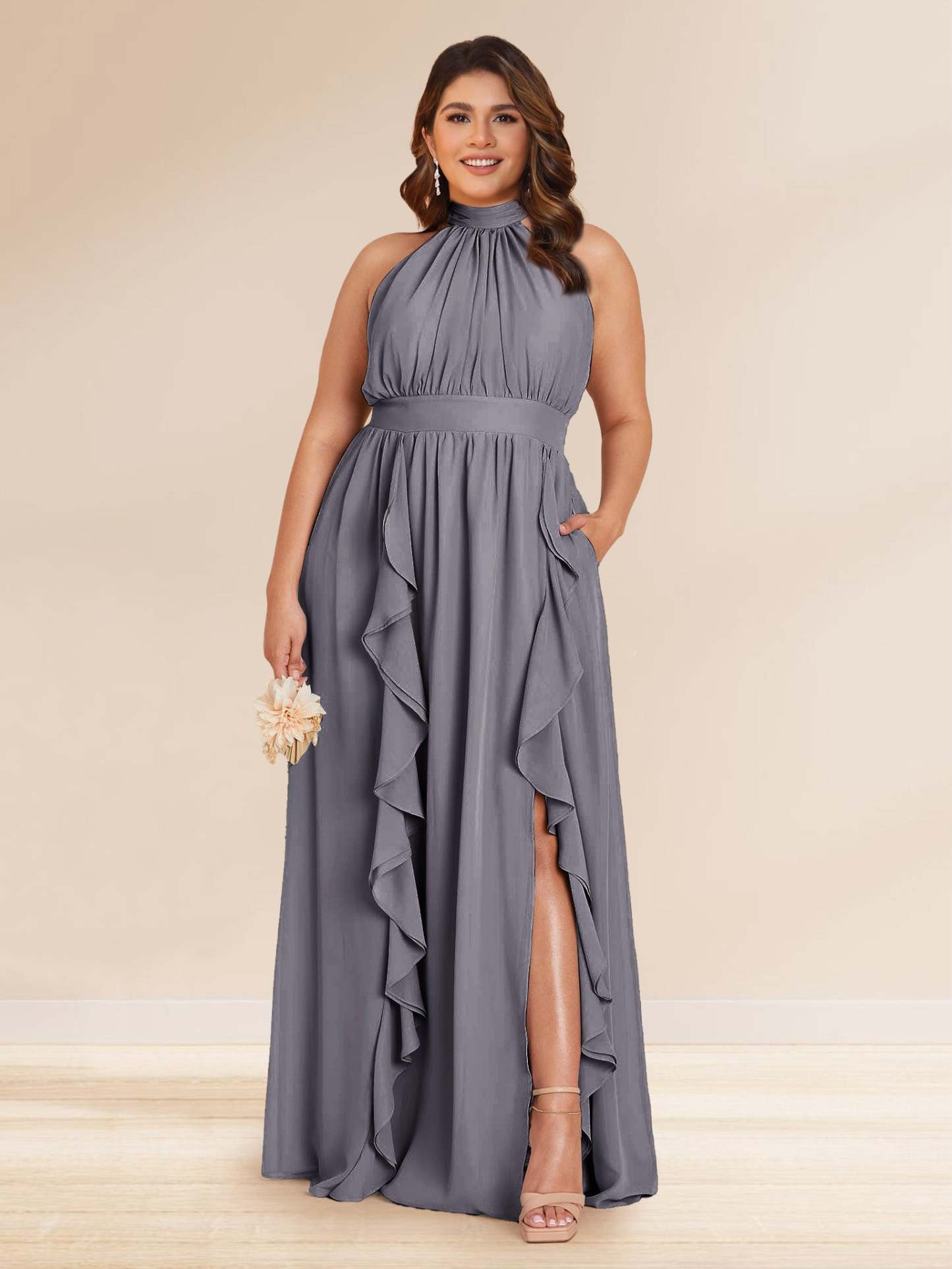 Chiffon A Line Princess Halter Plus Size Bridesmaid Dresses with Split Side Ruffles