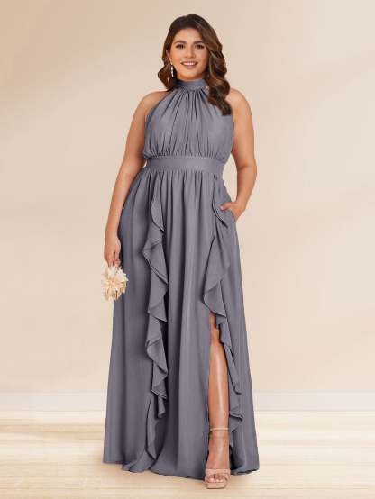 Chiffon A Line Princess Halter Plus Size Bridesmaid Dresses with Split Side Ruffles