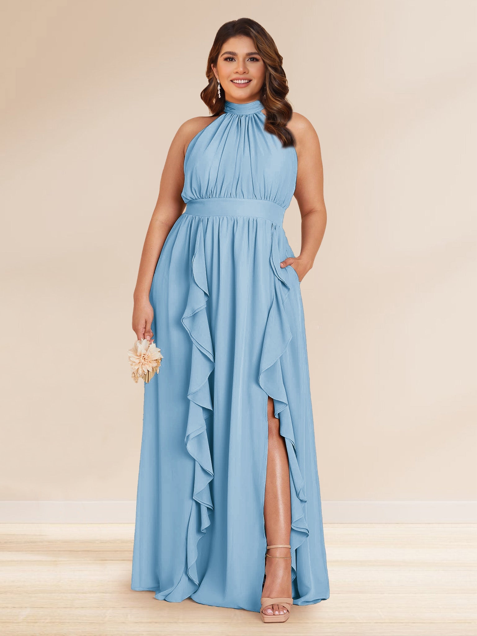 Chiffon A Line Princess Halter Plus Size Bridesmaid Dresses with Split Side Ruffles
