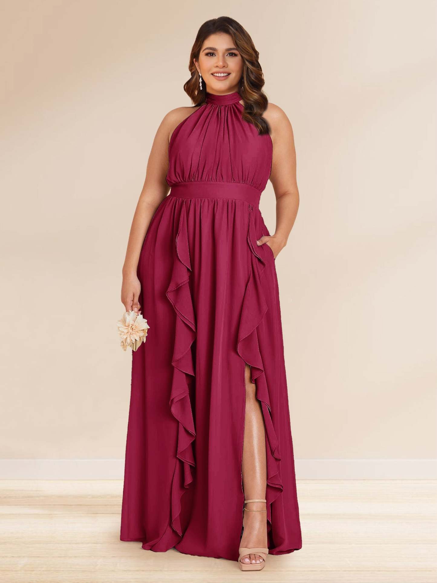 Chiffon A Line Princess Halter Plus Size Bridesmaid Dresses with Split Side Ruffles