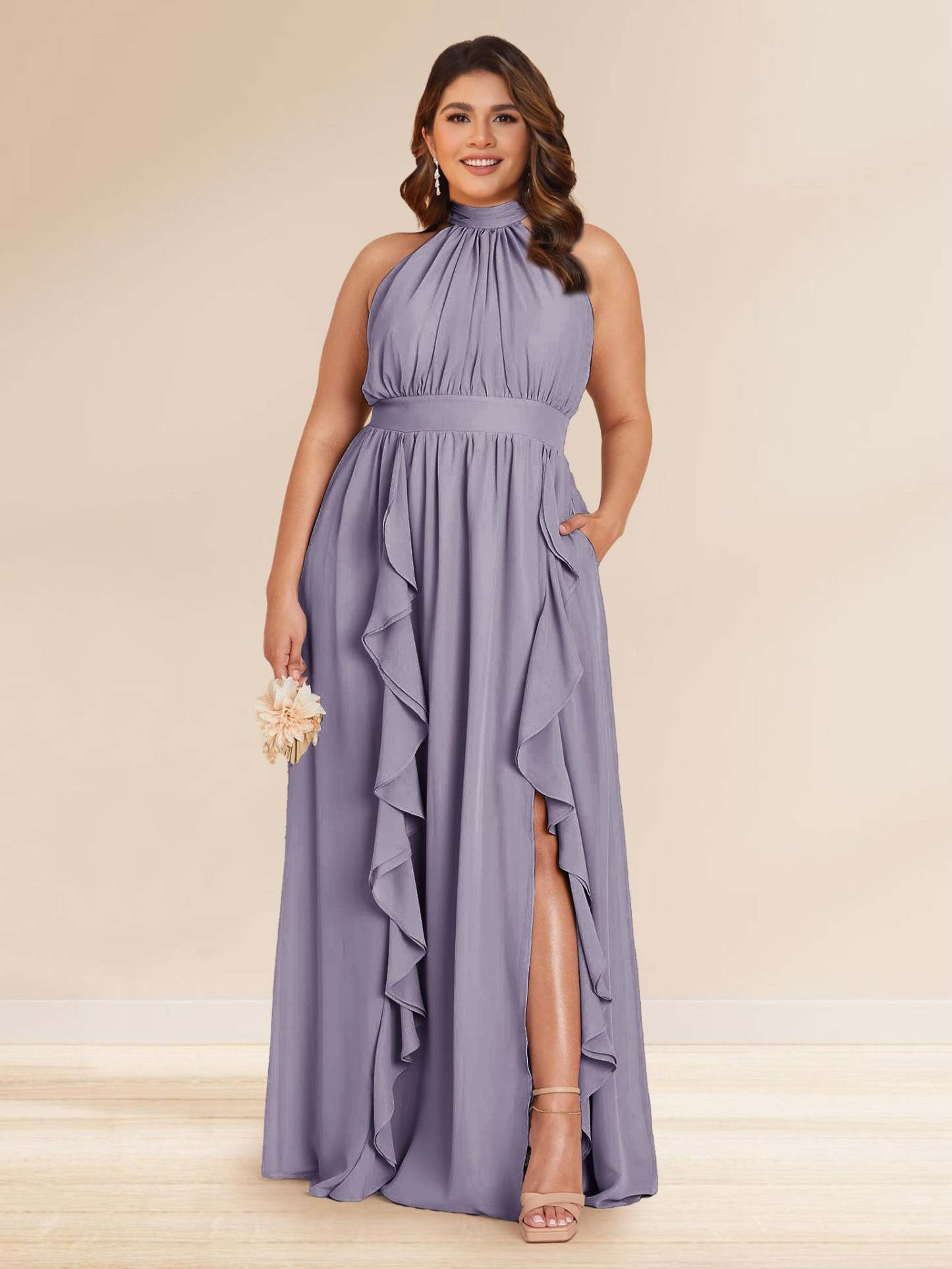 Chiffon A Line Princess Halter Plus Size Bridesmaid Dresses with Split Side Ruffles