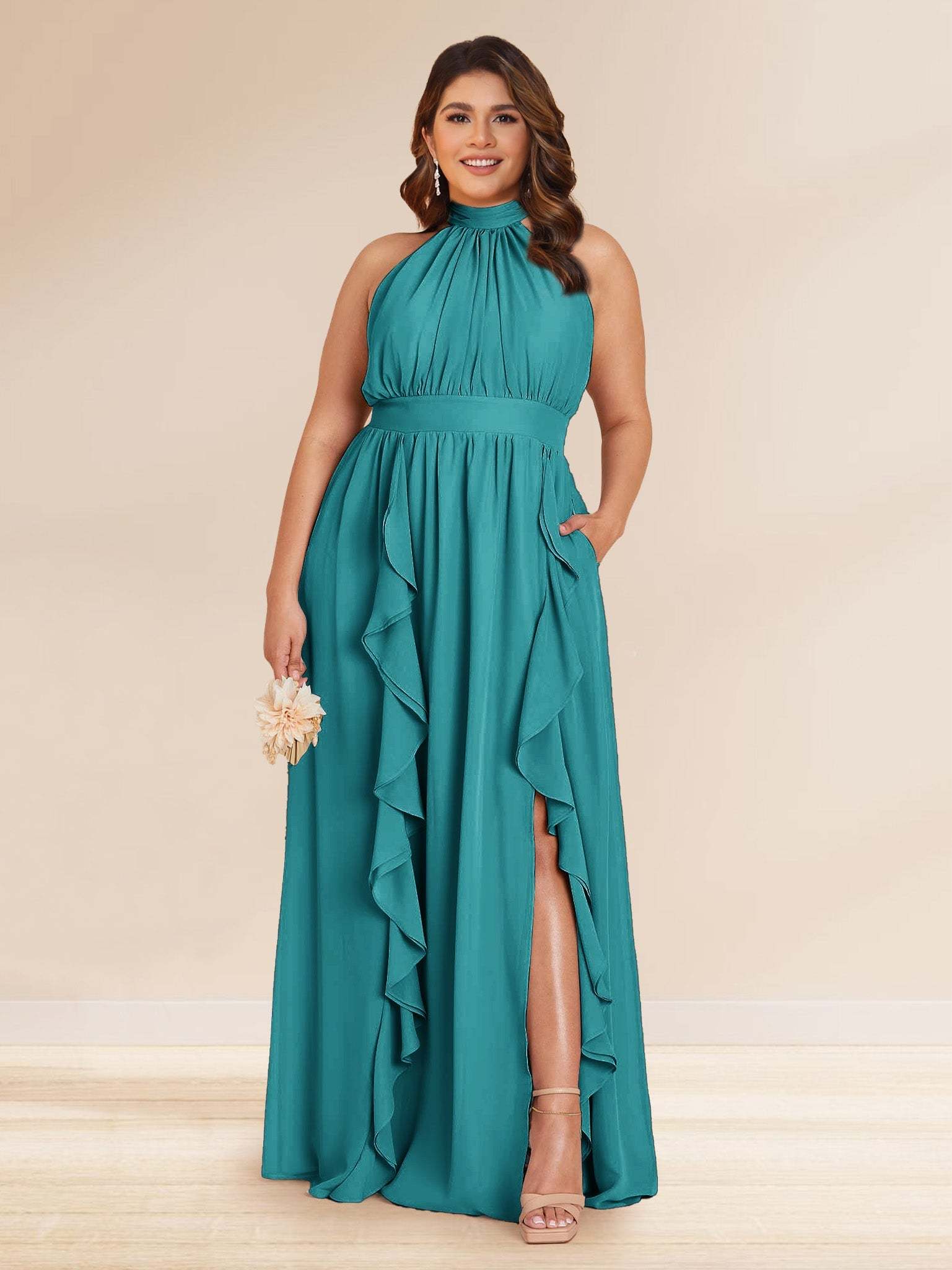 Chiffon A Line Princess Halter Plus Size Bridesmaid Dresses with Split Side Ruffles