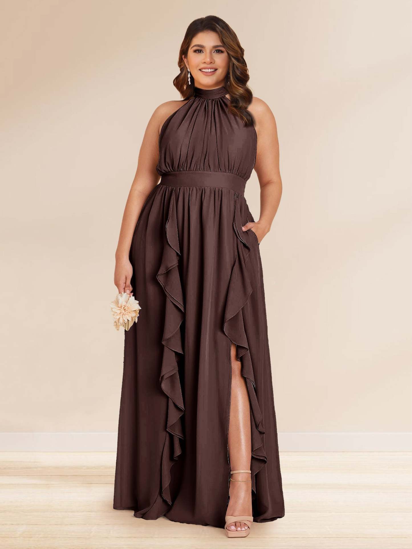 Chiffon A Line Princess Halter Plus Size Bridesmaid Dresses with Split Side Ruffles