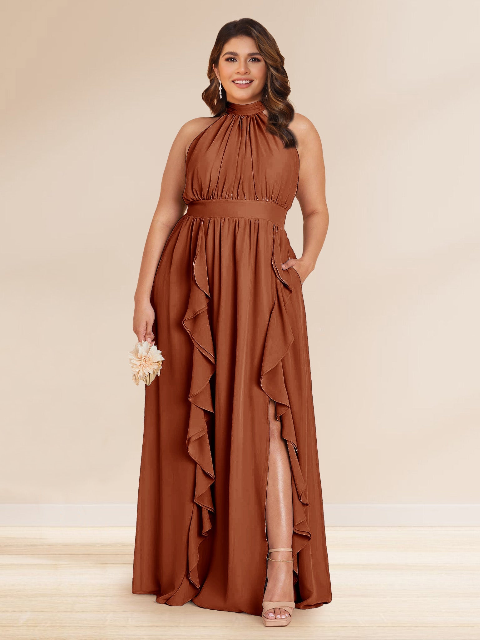 Chiffon A Line Princess Halter Plus Size Bridesmaid Dresses with Split Side Ruffles