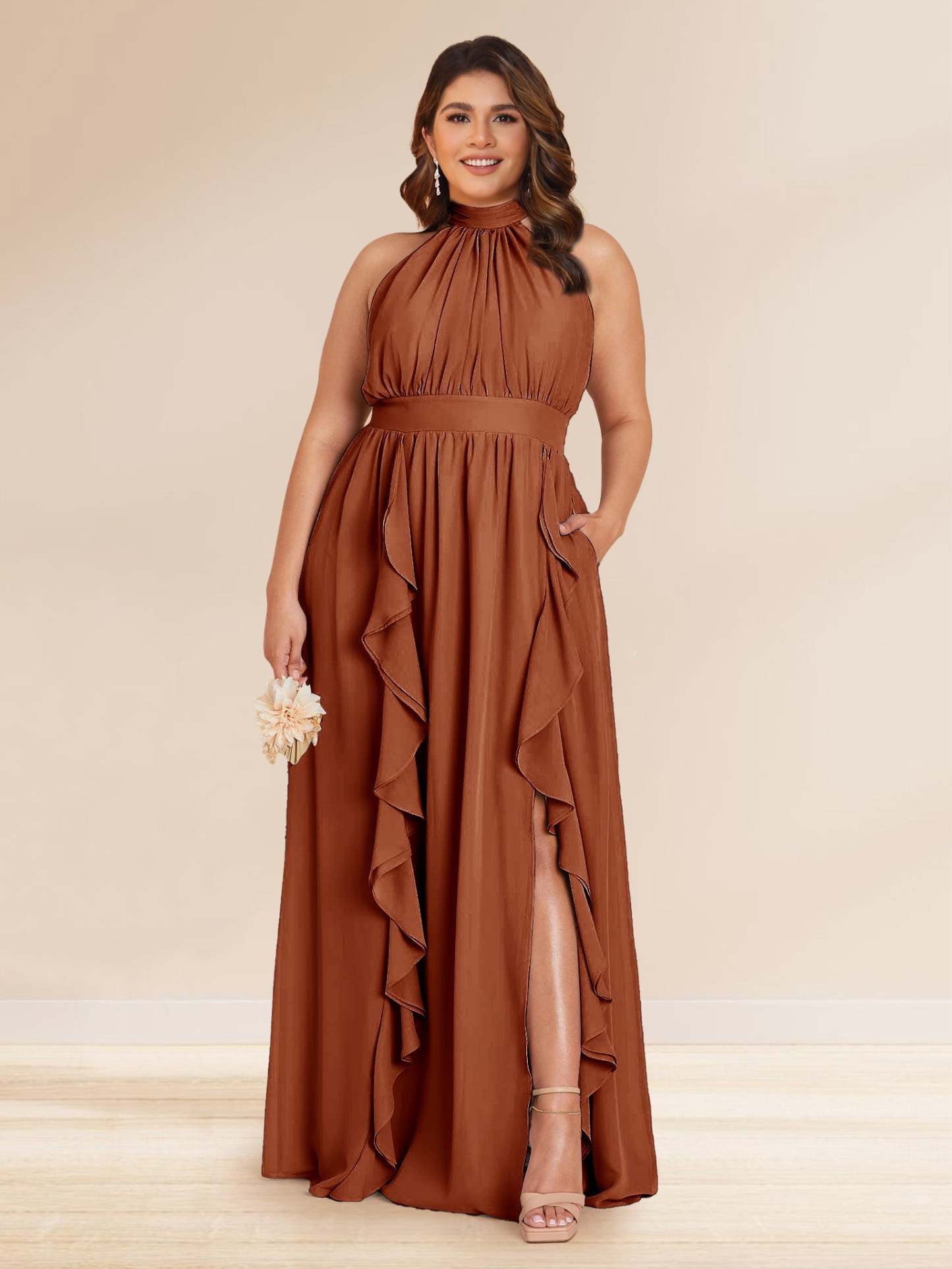 Chiffon A Line Princess Halter Plus Size Bridesmaid Dresses with Split Side Ruffles