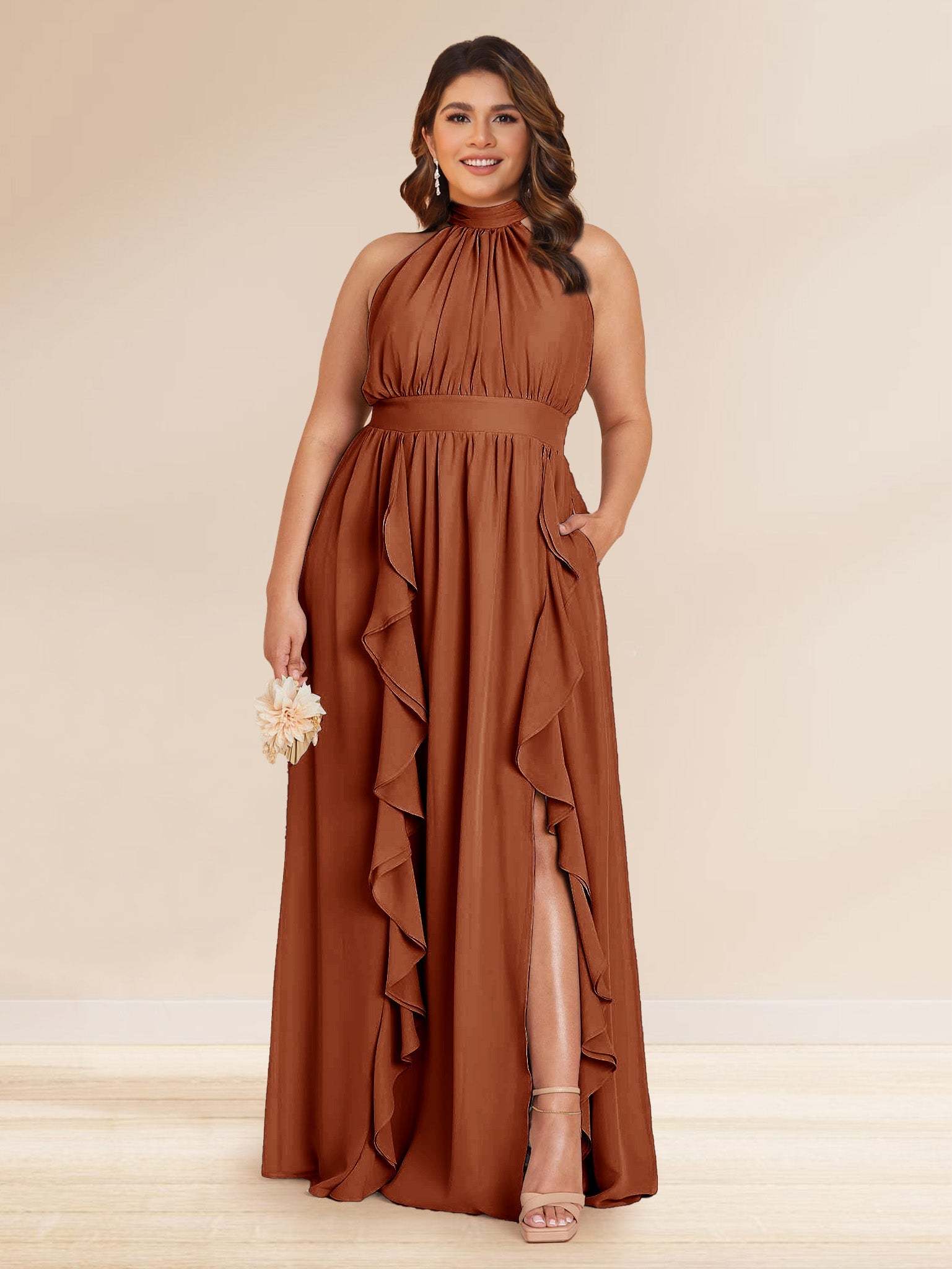 Chiffon A Line Princess Halter Plus Size Bridesmaid Dresses with Split Side Ruffles