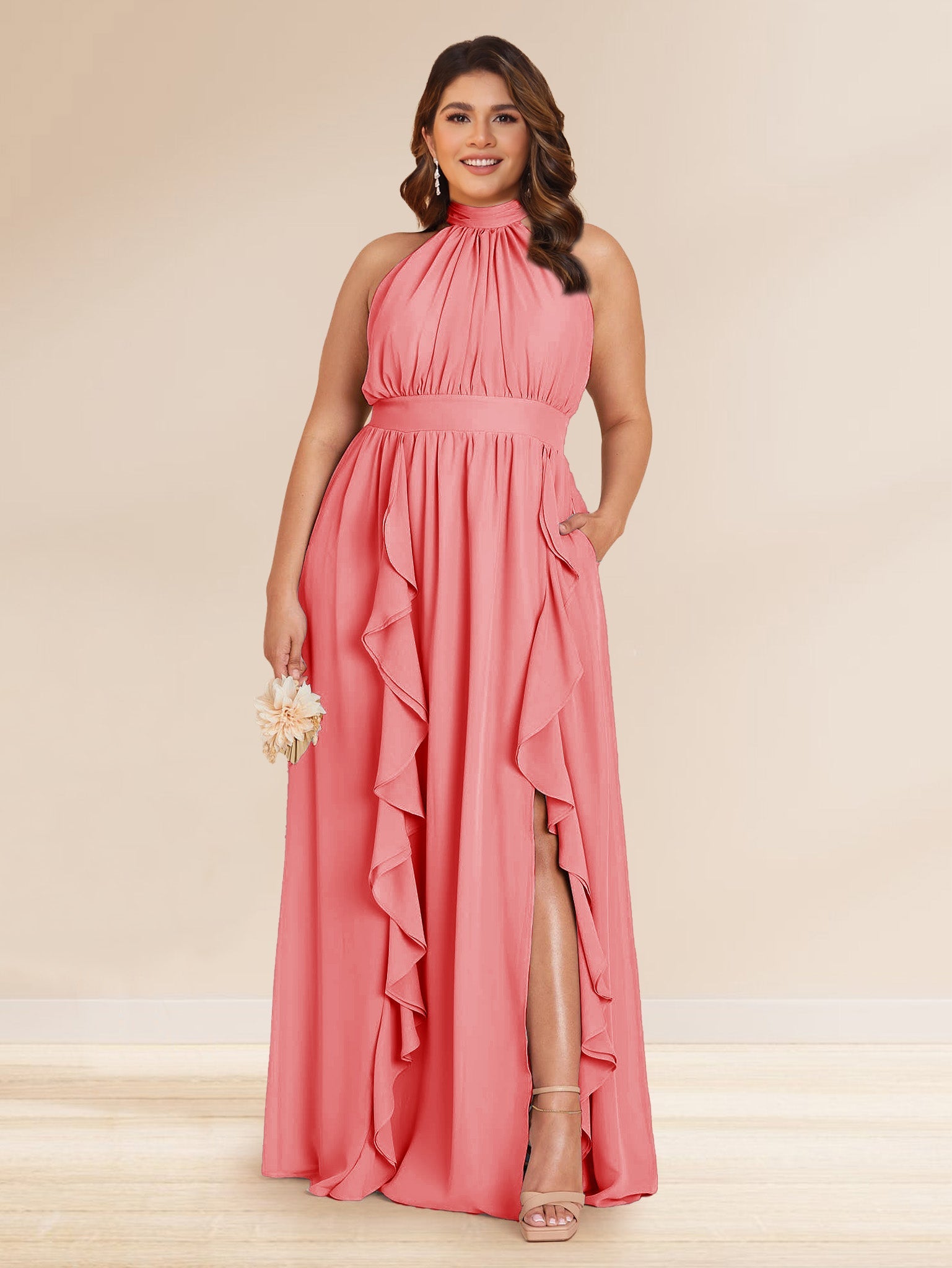 Chiffon A Line Princess Halter Plus Size Bridesmaid Dresses with Split Side Ruffles