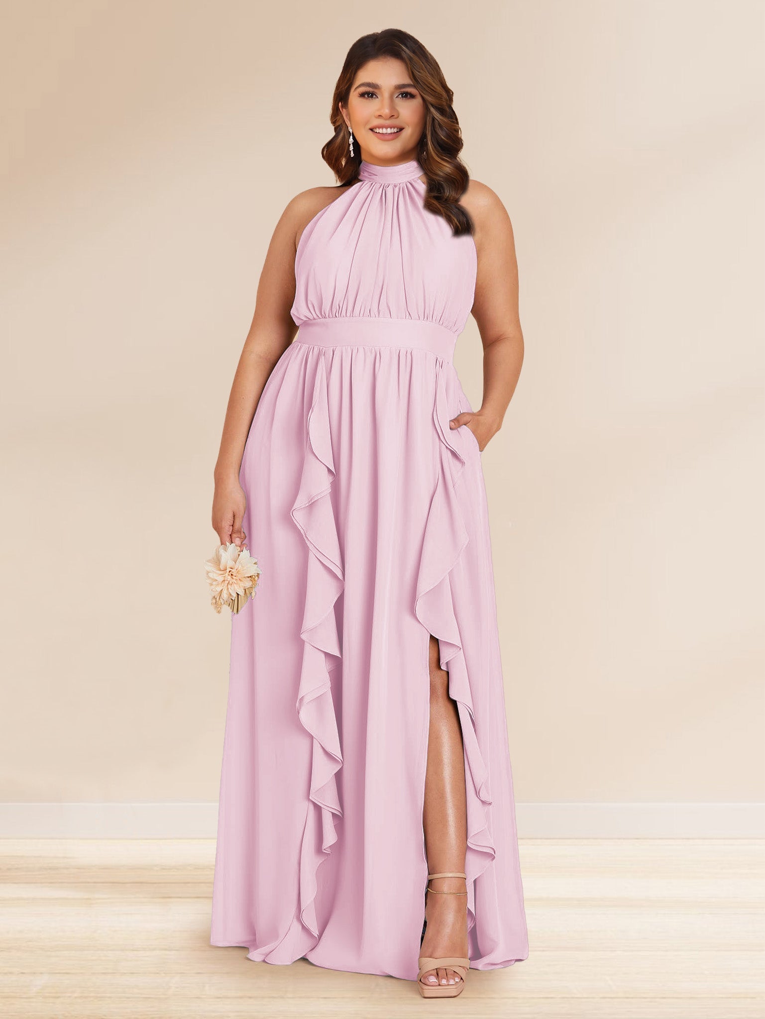 Chiffon A Line Princess Halter Plus Size Bridesmaid Dresses with Split Side Ruffles