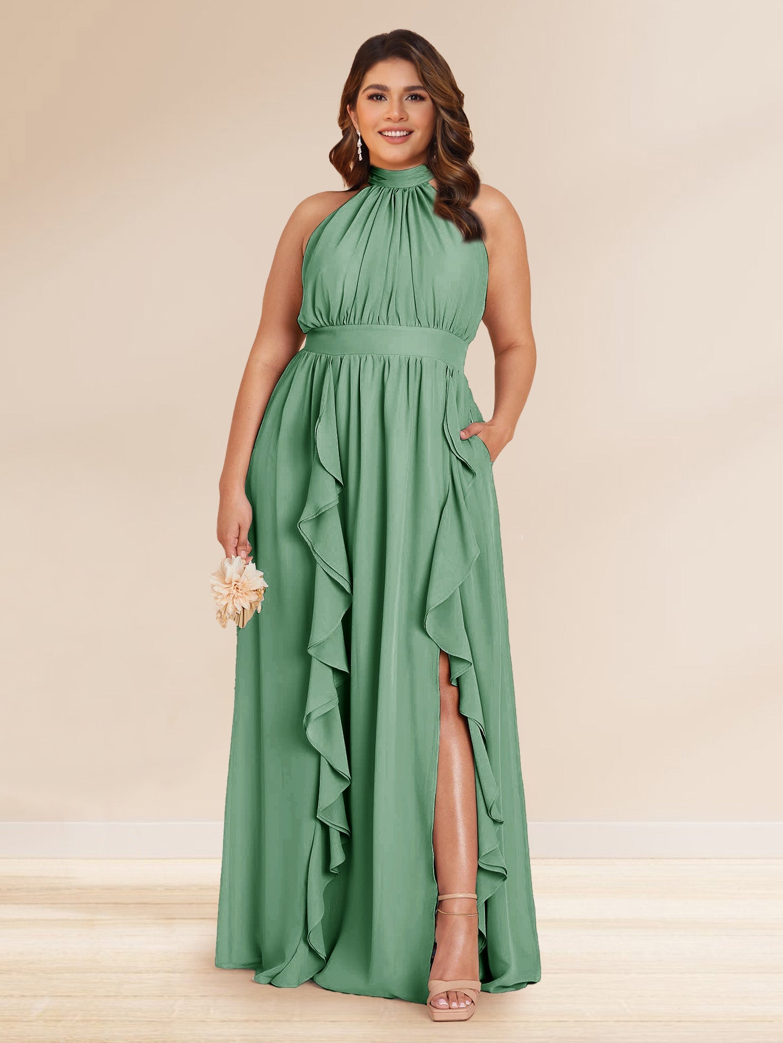 Chiffon A Line Princess Halter Plus Size Bridesmaid Dresses with Split Side Ruffles