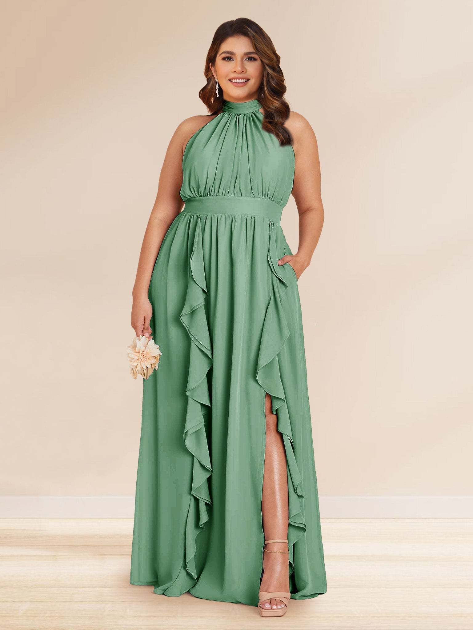 Chiffon A Line Princess Halter Plus Size Bridesmaid Dresses with Split Side Ruffles