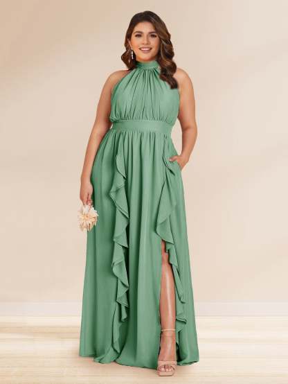Chiffon A Line Princess Halter Plus Size Bridesmaid Dresses with Split Side Ruffles