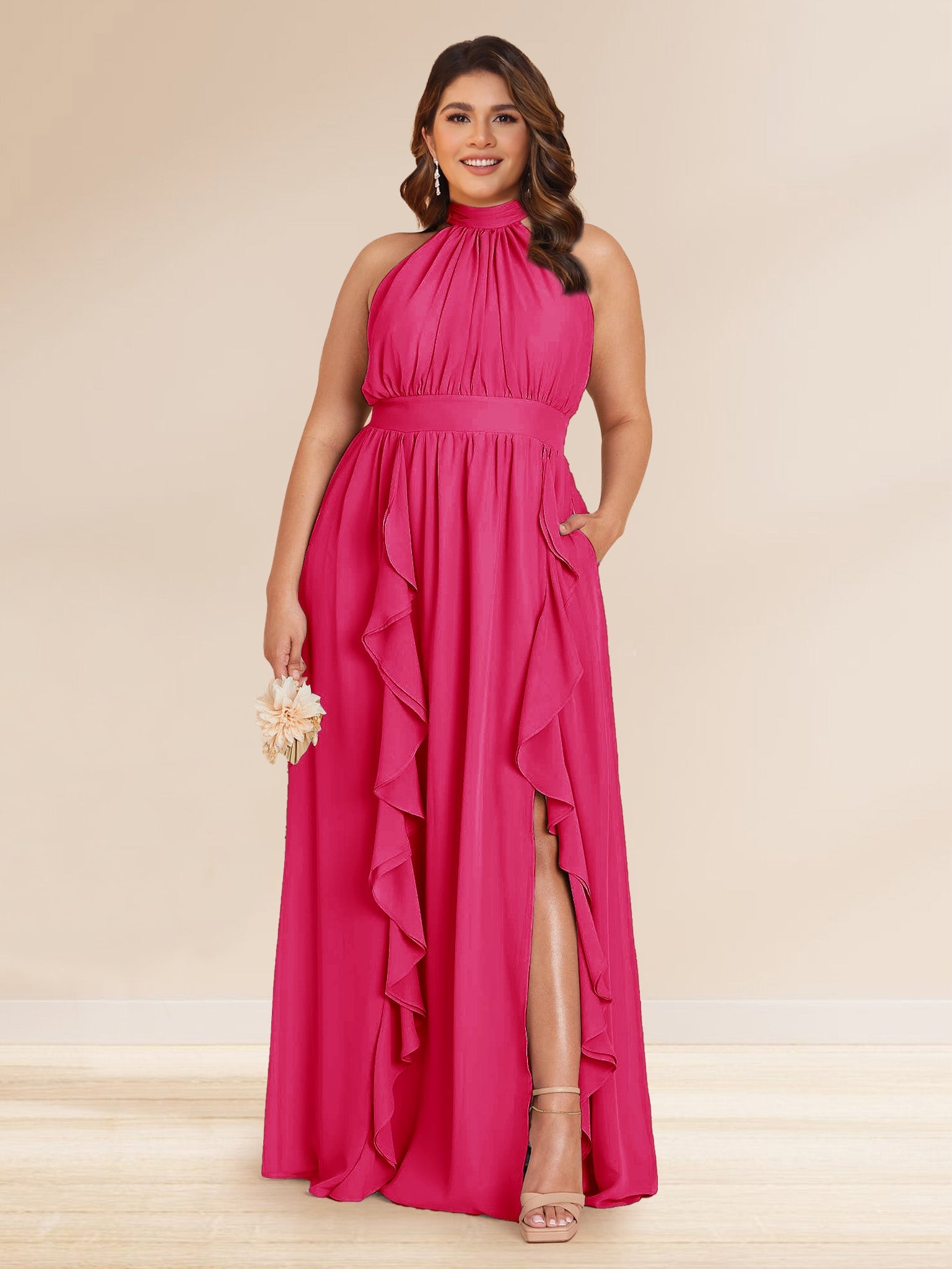 Chiffon A Line Princess Halter Plus Size Bridesmaid Dresses with Split Side Ruffles