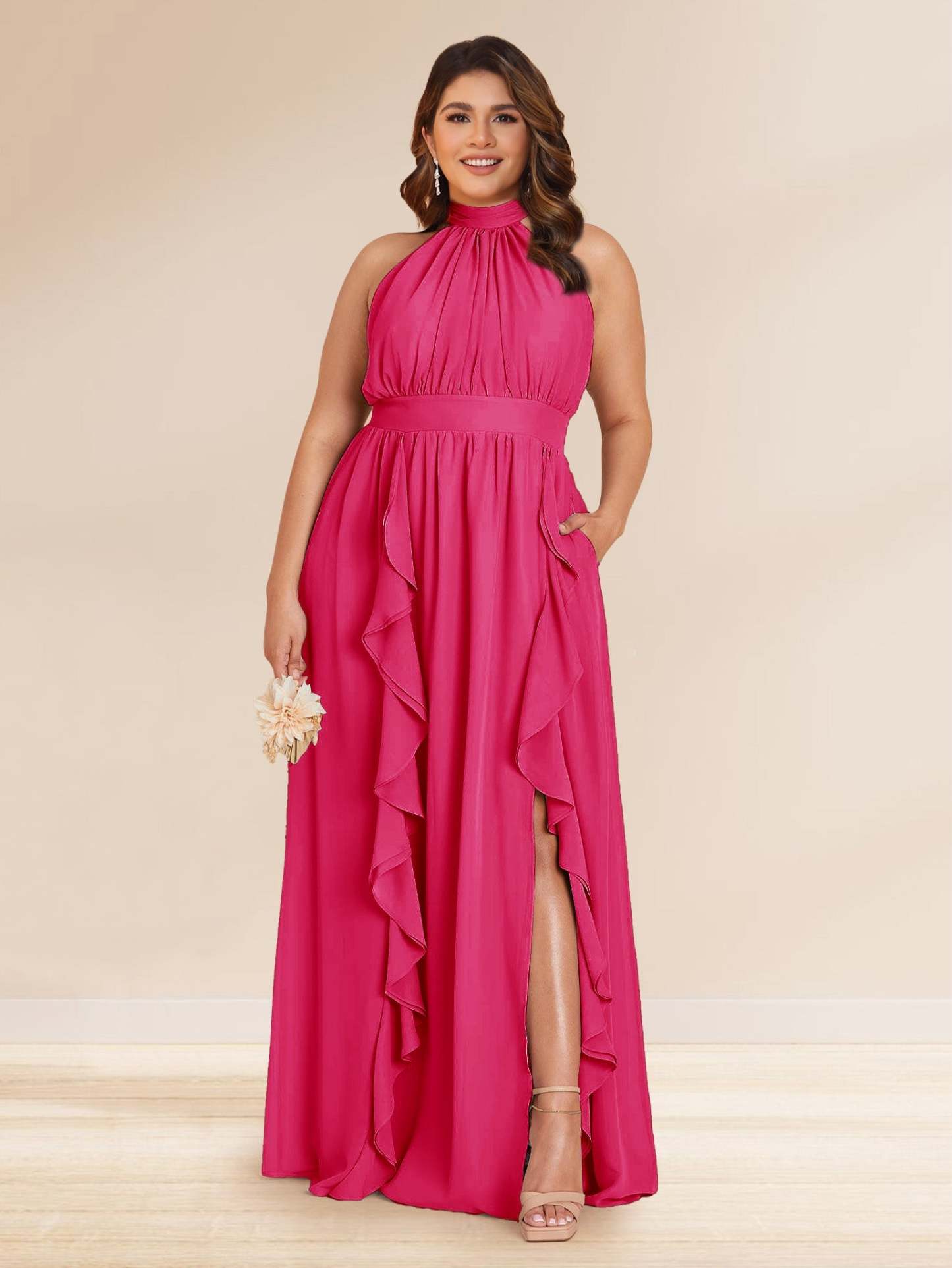 Chiffon A Line Princess Halter Plus Size Bridesmaid Dresses with Split Side Ruffles