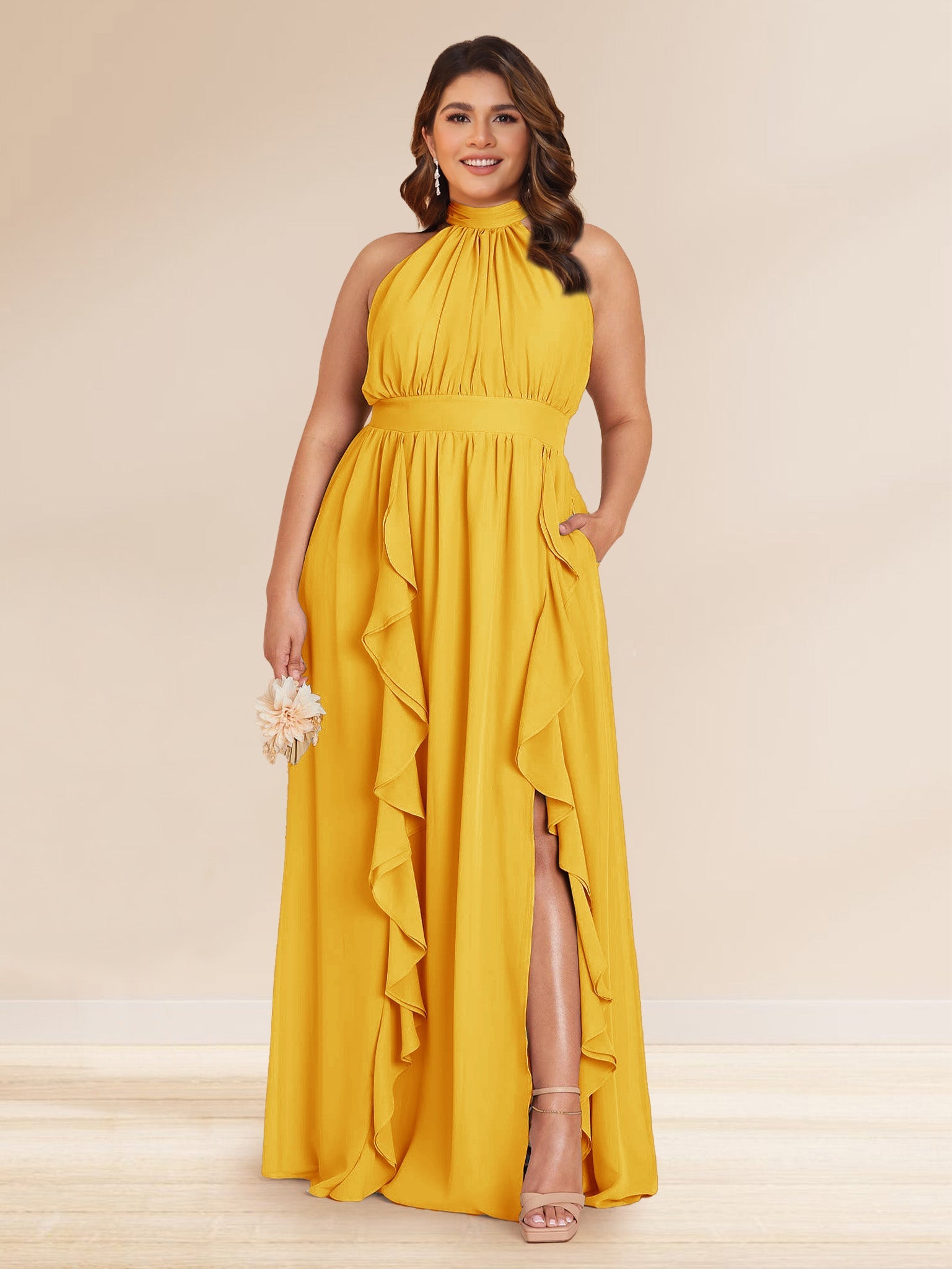 Chiffon A Line Princess Halter Plus Size Bridesmaid Dresses with Split Side Ruffles