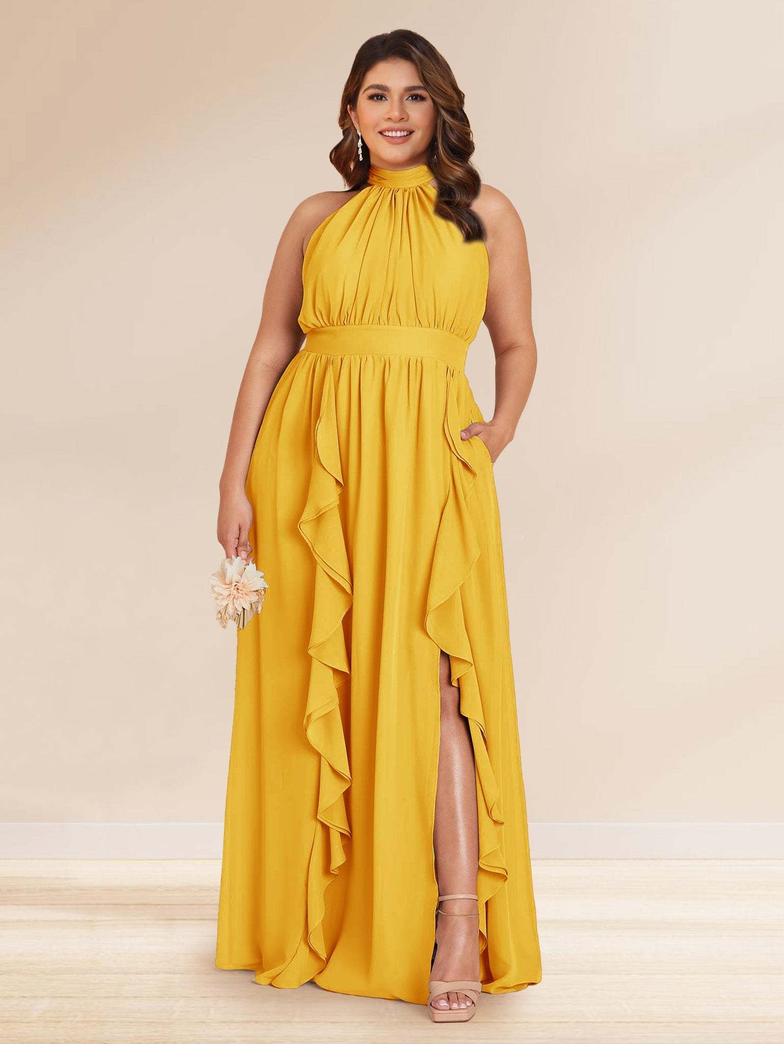 Chiffon A Line Princess Halter Plus Size Bridesmaid Dresses with Split Side Ruffles