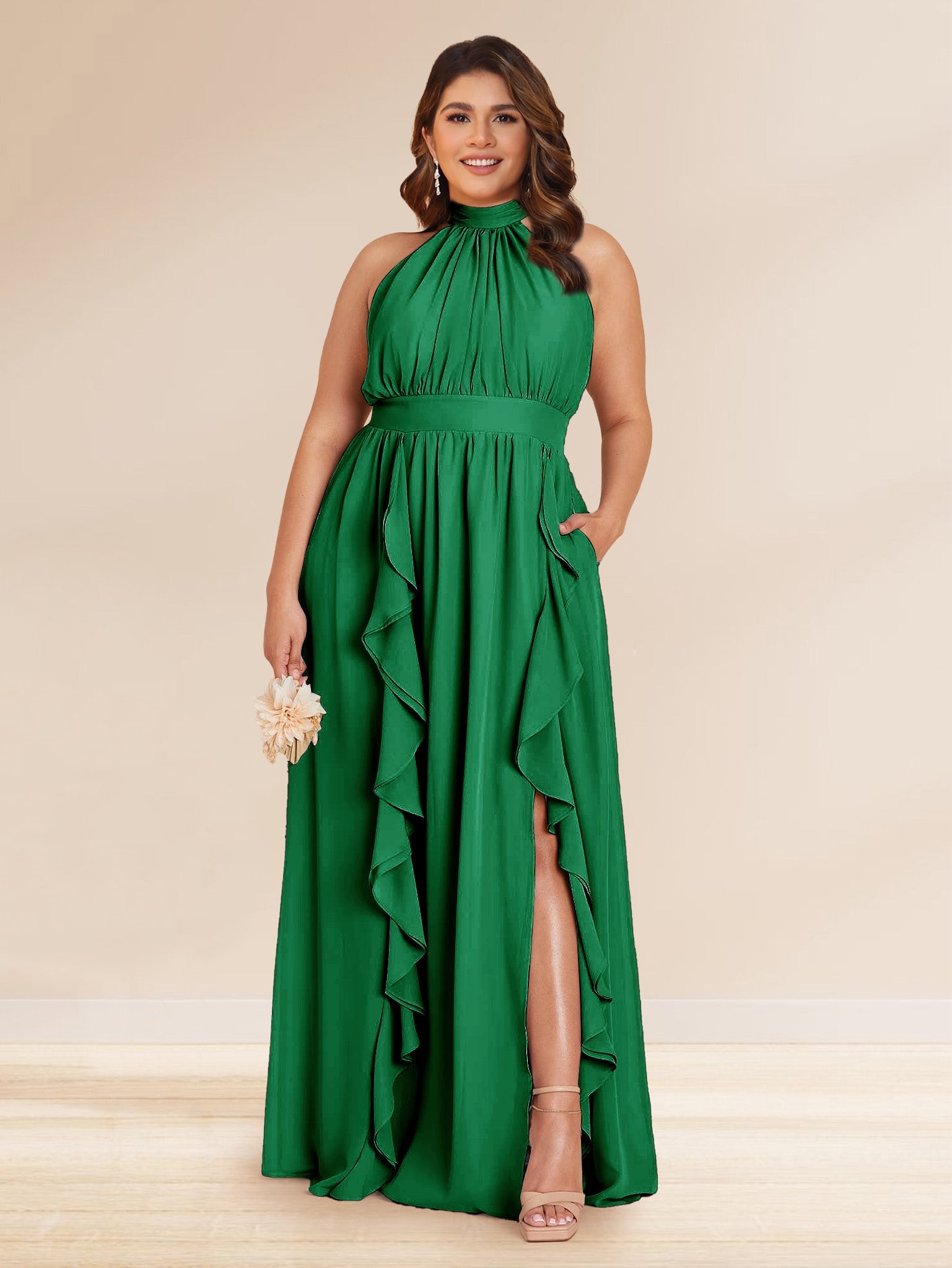 Chiffon A Line Princess Halter Plus Size Bridesmaid Dresses with Split Side Ruffles