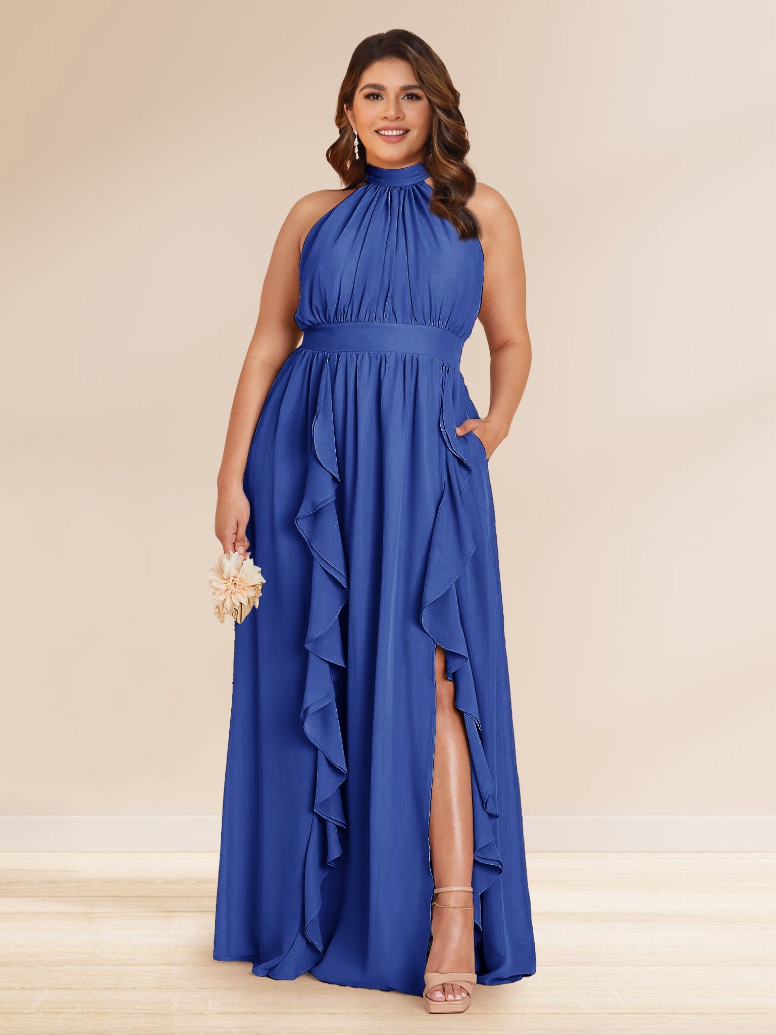 Chiffon A Line Princess Halter Plus Size Bridesmaid Dresses with Split Side Ruffles