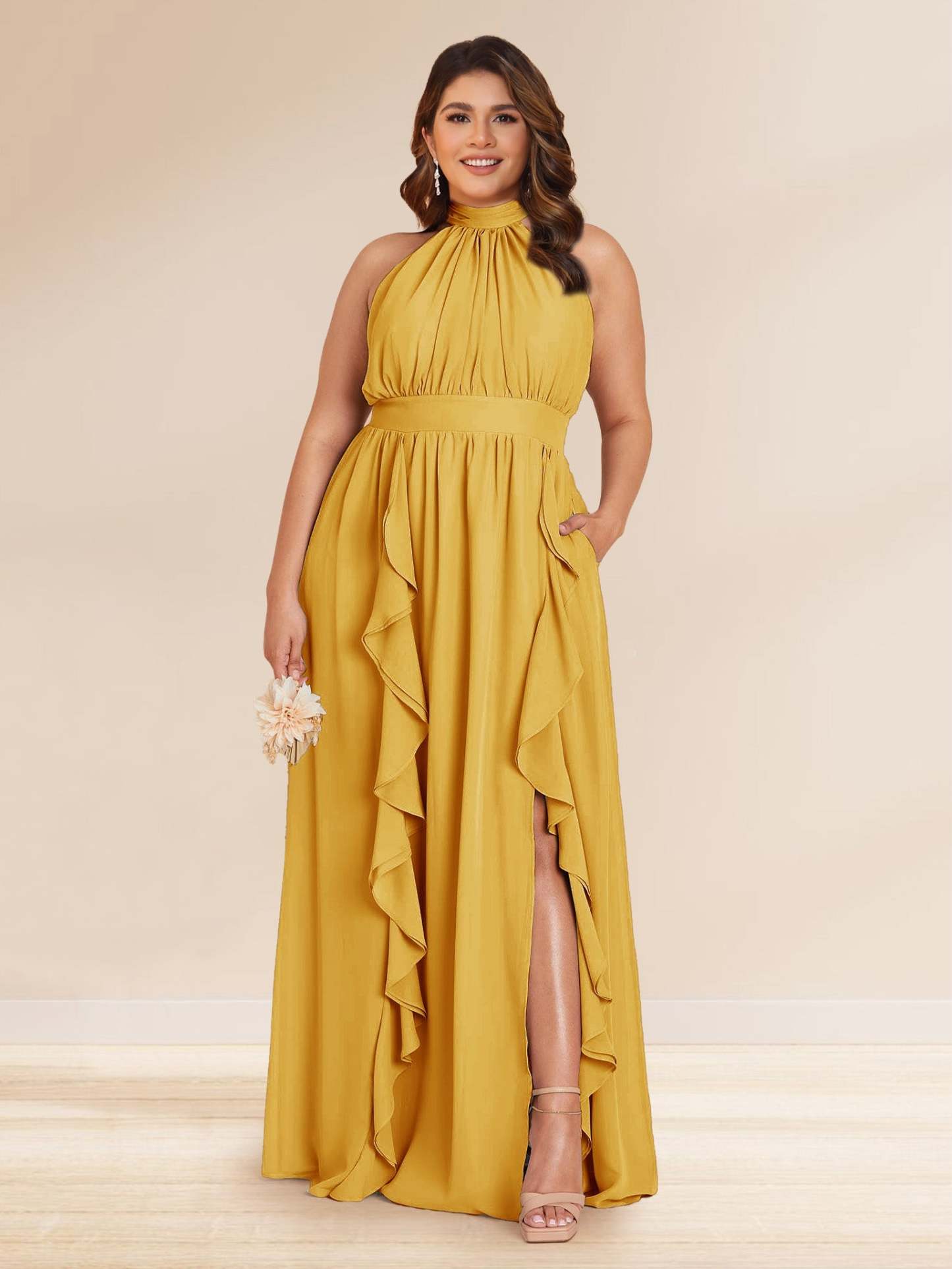 Chiffon A Line Princess Halter Plus Size Bridesmaid Dresses with Split Side Ruffles