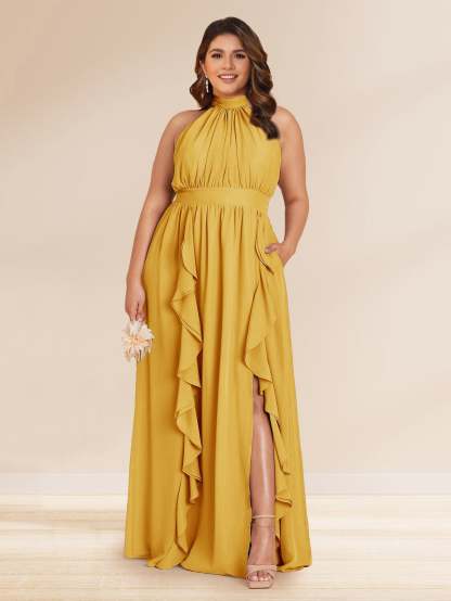 Chiffon A Line Princess Halter Plus Size Bridesmaid Dresses with Split Side Ruffles